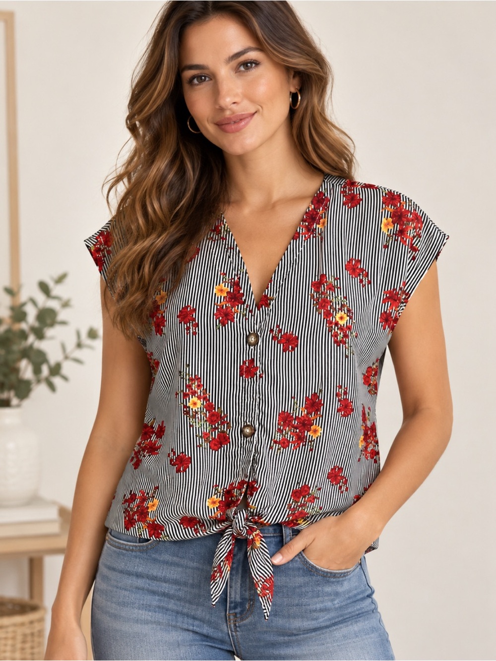 Sienna Sky Black/White Stripe Red Floral V-Neck Tie-Front Blouse Size-Large Boho